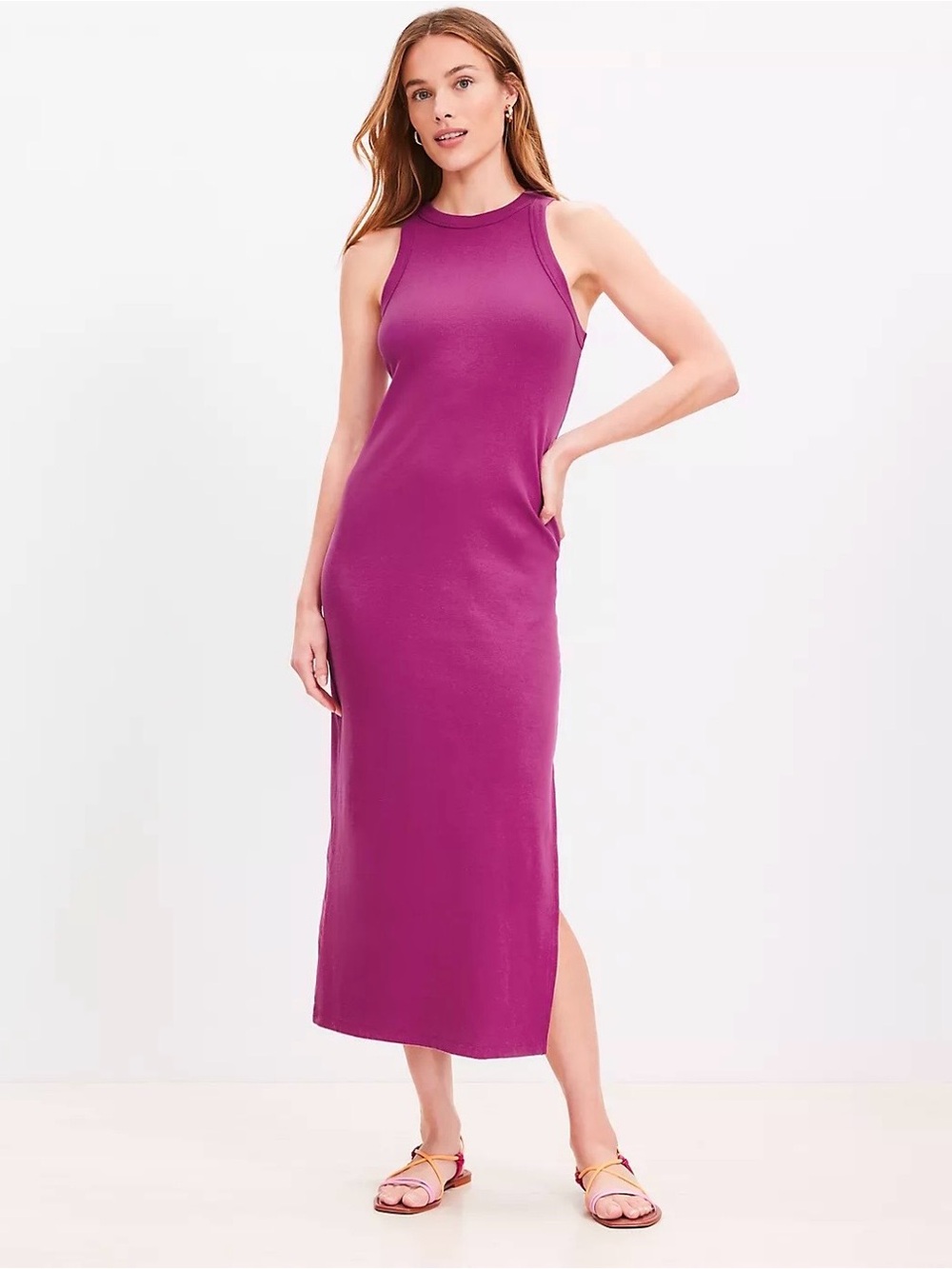 Loft Perfect Knit Midi Tank Dress Fuschia Pink Racerback S Summer Casual